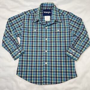 Wrangler Western Shirt Boys Size XXS (0-2) Blue Plaid Pearl Snap LS Cowboy Rodeo
